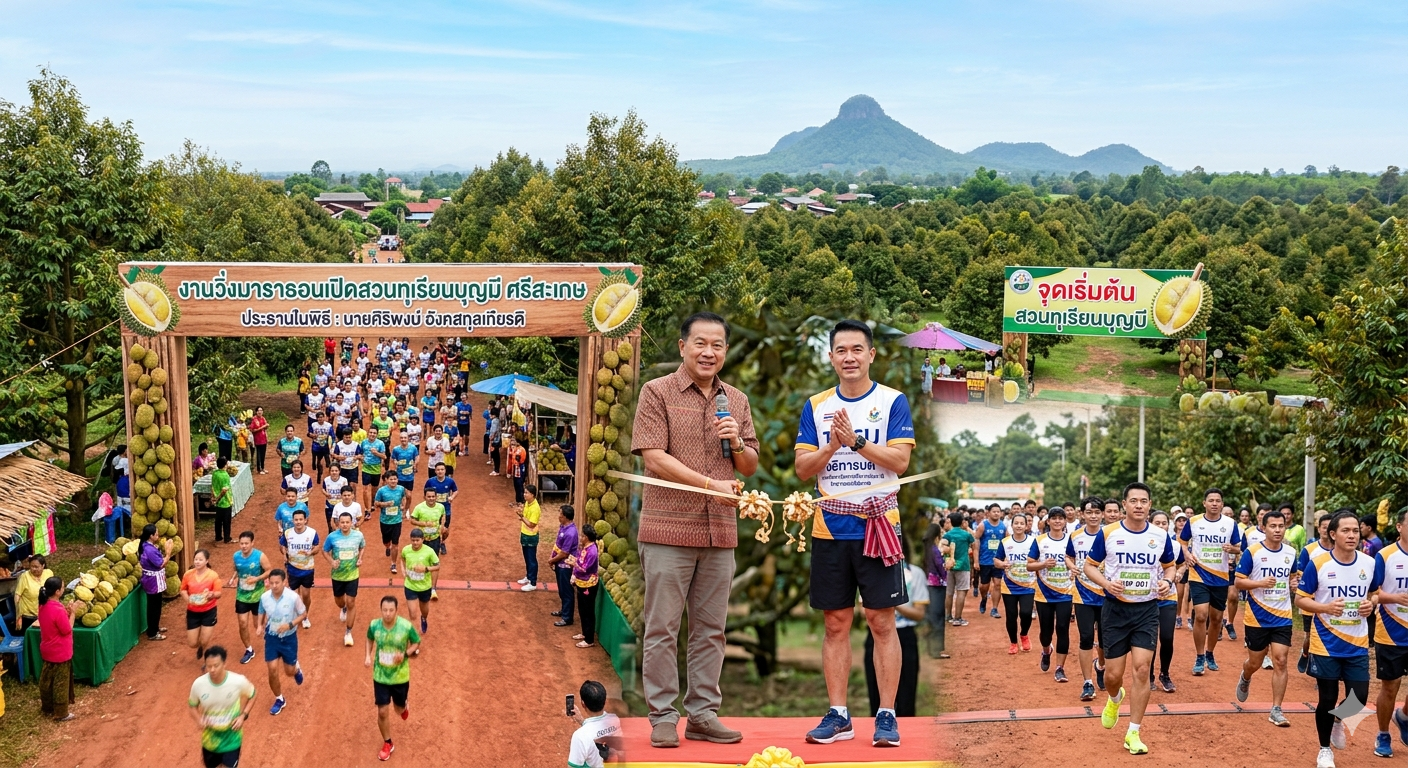 งานวิ่งมาราธอนเปิดสวนทุเรียนภูเขาไฟศรีสะเกษ คึกคัก! นักวิ่งนับพันร่วมสัมผัสเส้นทางสายกรีน ชมชิมทุเรียนสดจากต้น